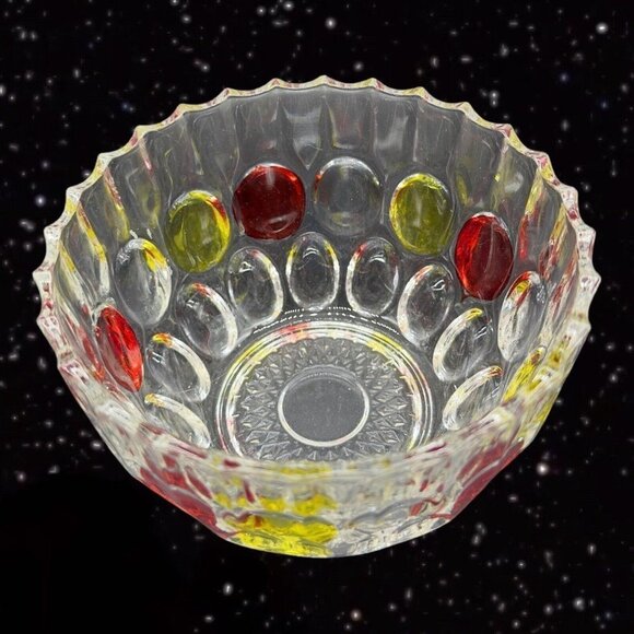 Flashed Art Glass Covered Dish Bowl W Lid Thumbprint Pattern Red Yellow 7”T 5.5” - Picture 7 of 10